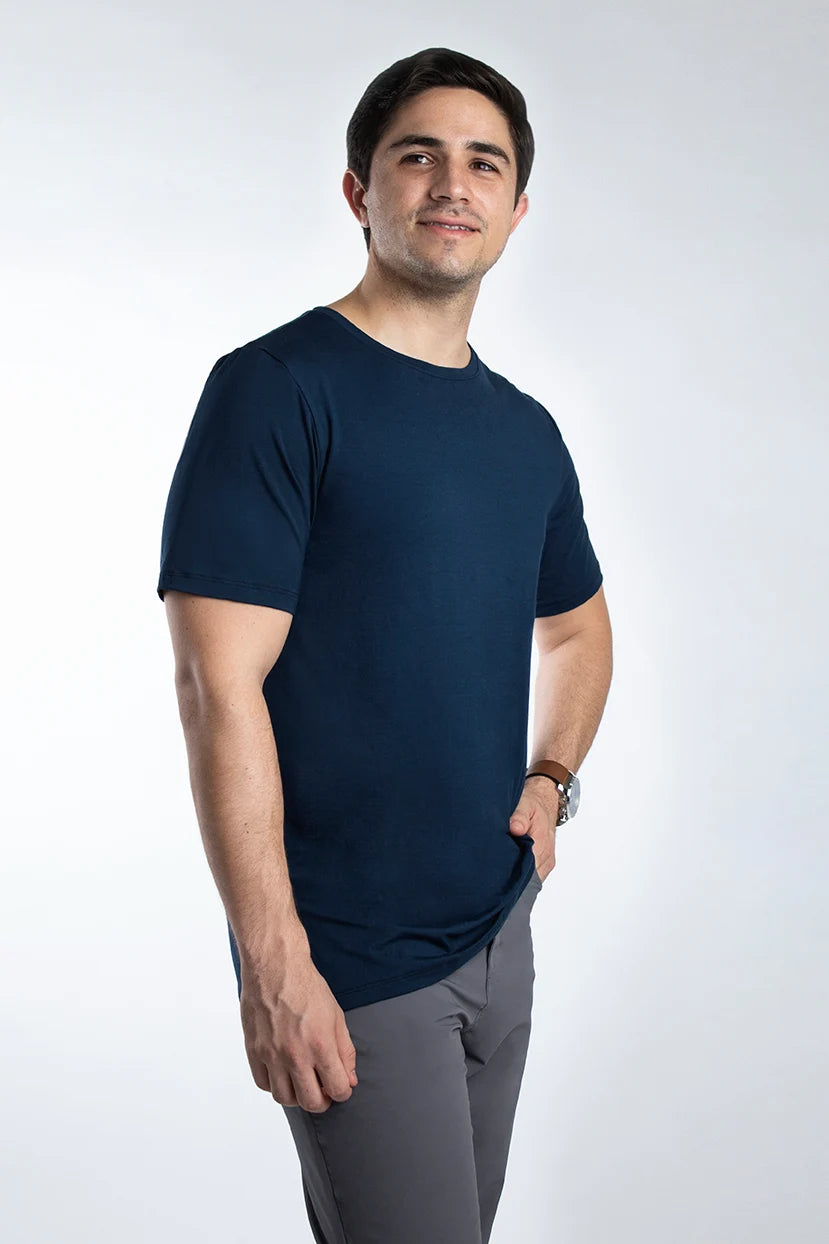 playera de bambu cuello redondo hombre color azul marino, ropa ecologica UPF 50+, Atem